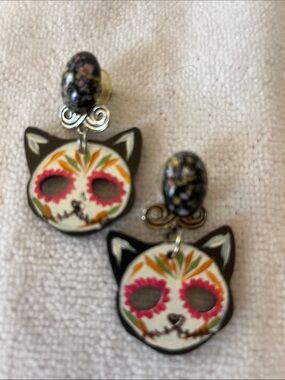 Day of the Dead Cat Dangle Earrings - Pink & Black Floral Accents Katrina
